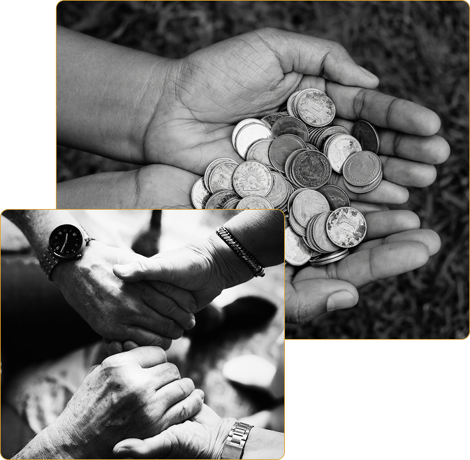 Hands holding coins and joining together in support